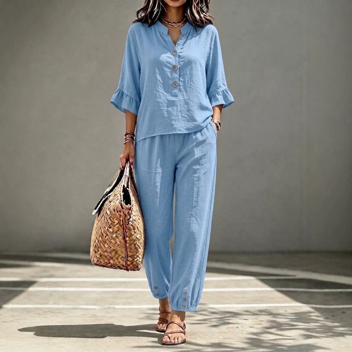 Three-quarter-sleeve Top And Cropped Pants Two-piece Set product image