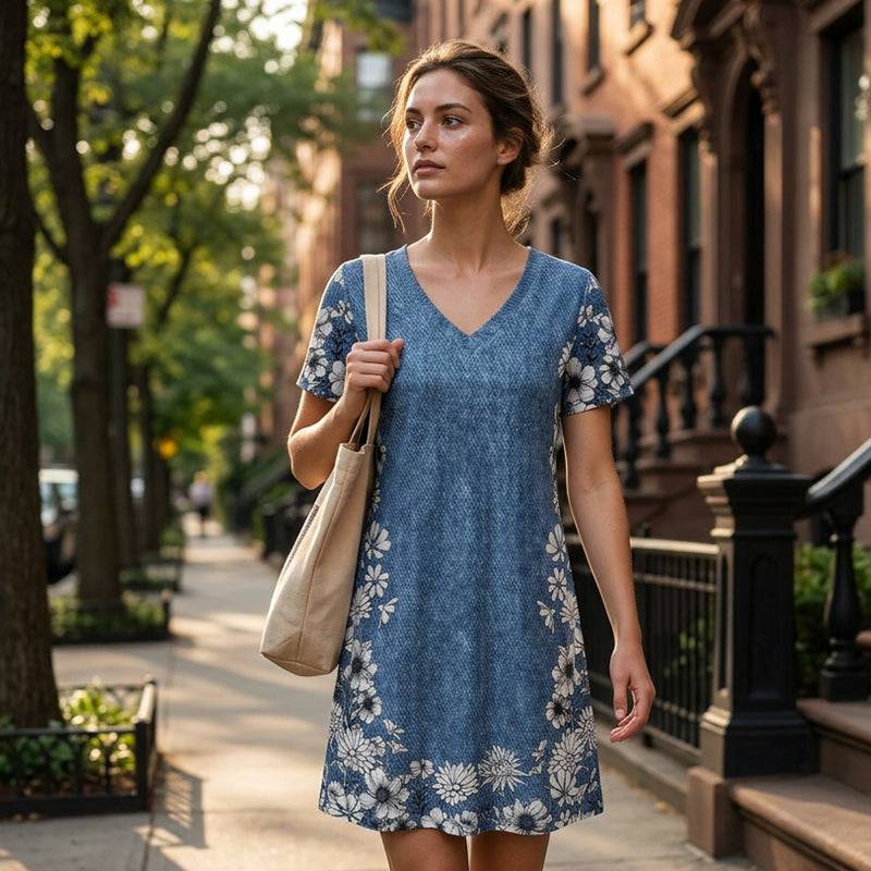 Womens Denim Printed V-Neck Dress