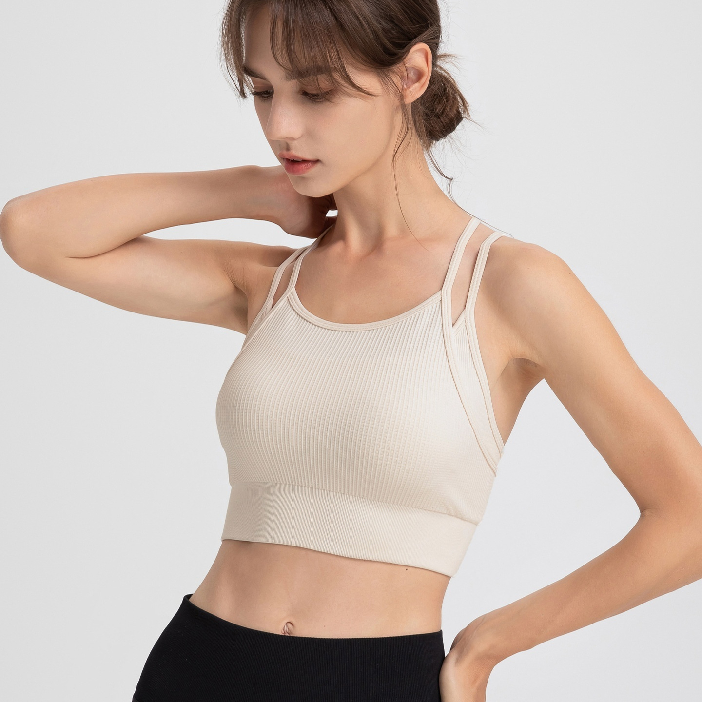 Womens Sports Top With Delicate Straps Mock Two-Piece Design Beautiful Back product image