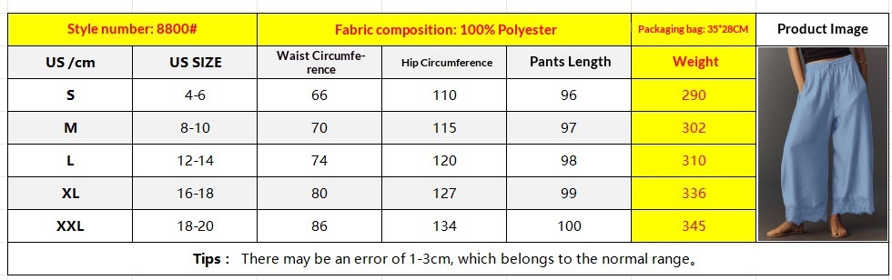 Size chart for Women's Lace-Panel Wide-Leg Flared Pants