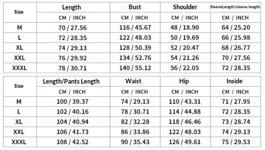 Men's Sports Jacket & Trousers Set - Size Chart