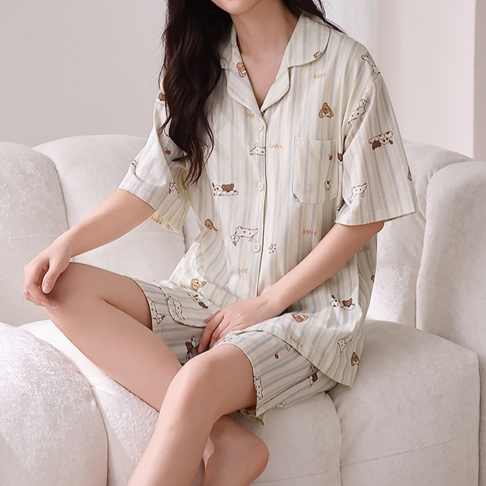 One-piece Cooling Loungewear With Built-in Chest Pads Womens Short-sleeve Pajamas