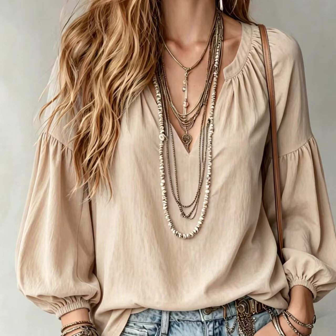 Womens Solid-Color Loose-Fitting Long-Sleeve V-Neck Shirt