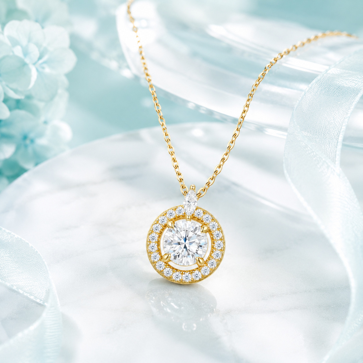 Mozambique-cut Round Double-row Halo Necklace With A Central Pear-shaped Diamond Accent product image