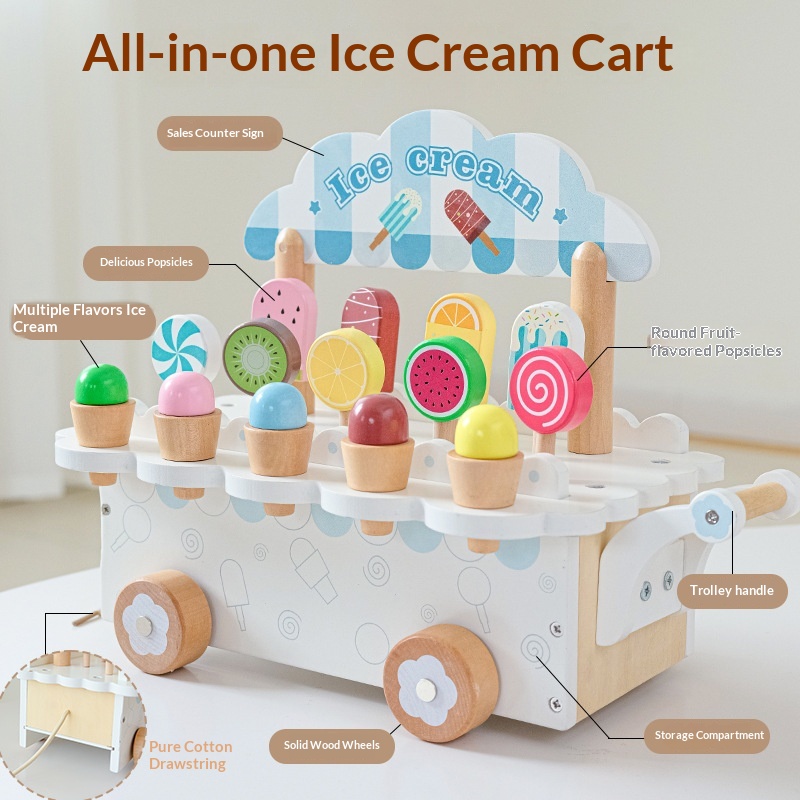 Wooden Ice Cream Supermarket Shopping Cart Toy