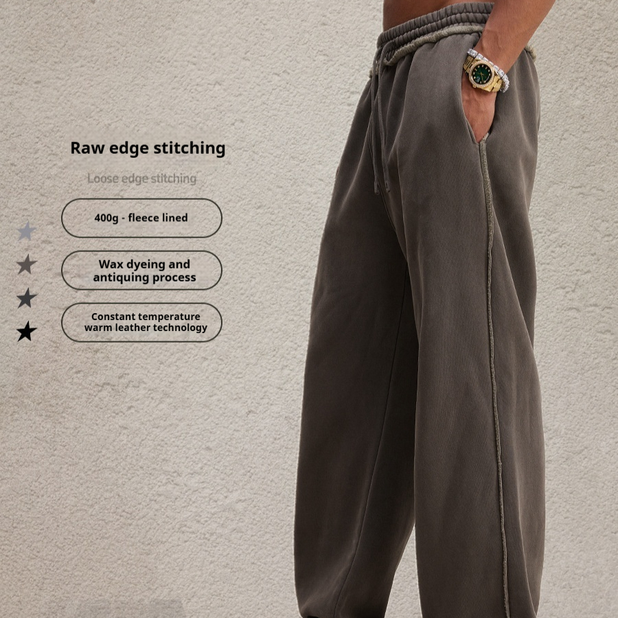 Distressed Streetwear Heavyweight Raw-edge Washed Fleece-lined Straight-leg Trousers For Men