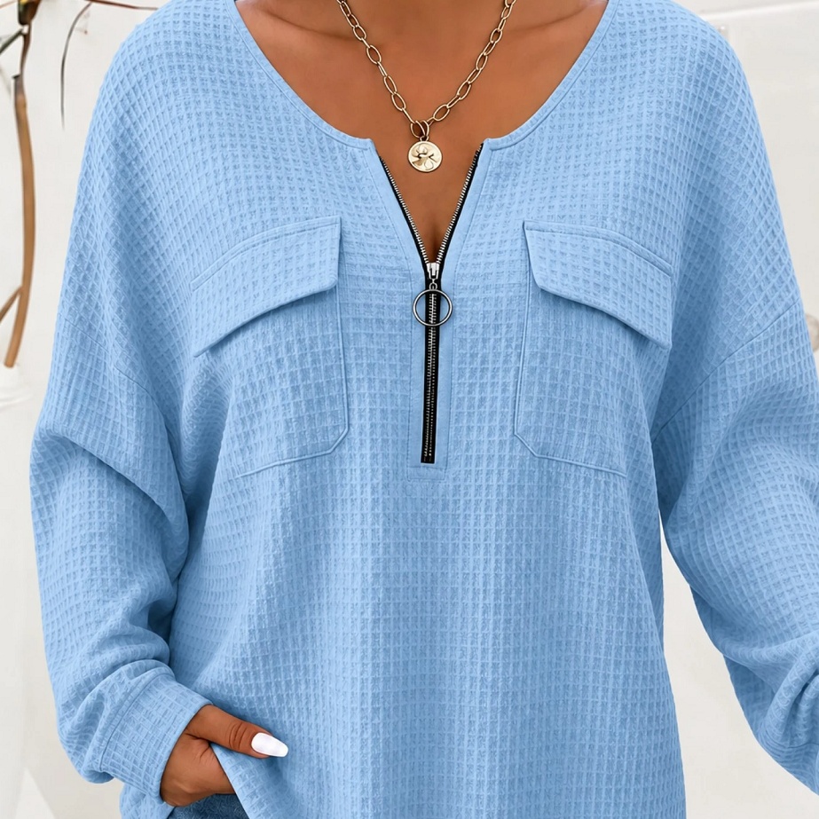 Solid-color V-neck Zip-up Womens Pullover product image