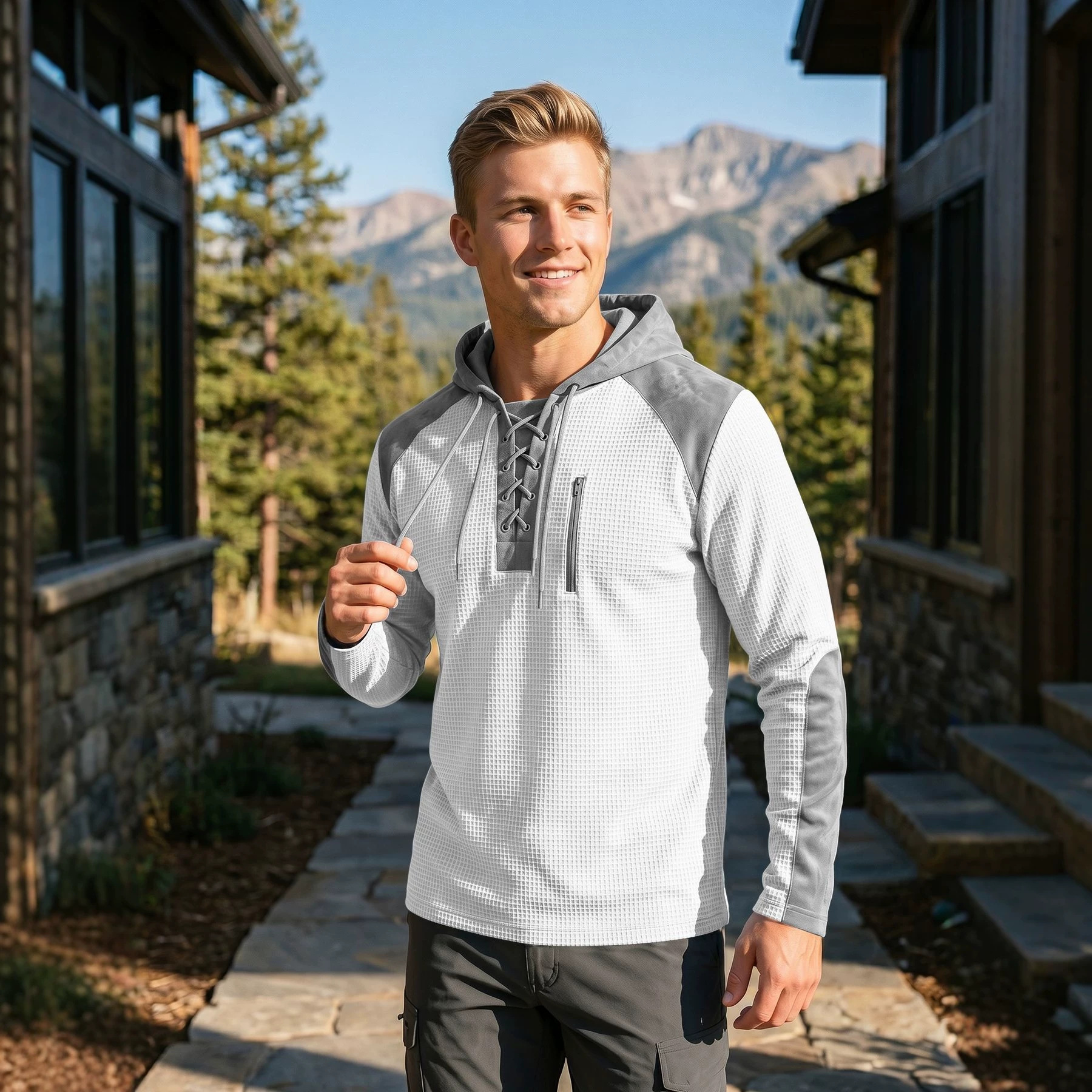 Men's Spring And Autumn Lace Hooded Sweater Waffle Color Matching Top