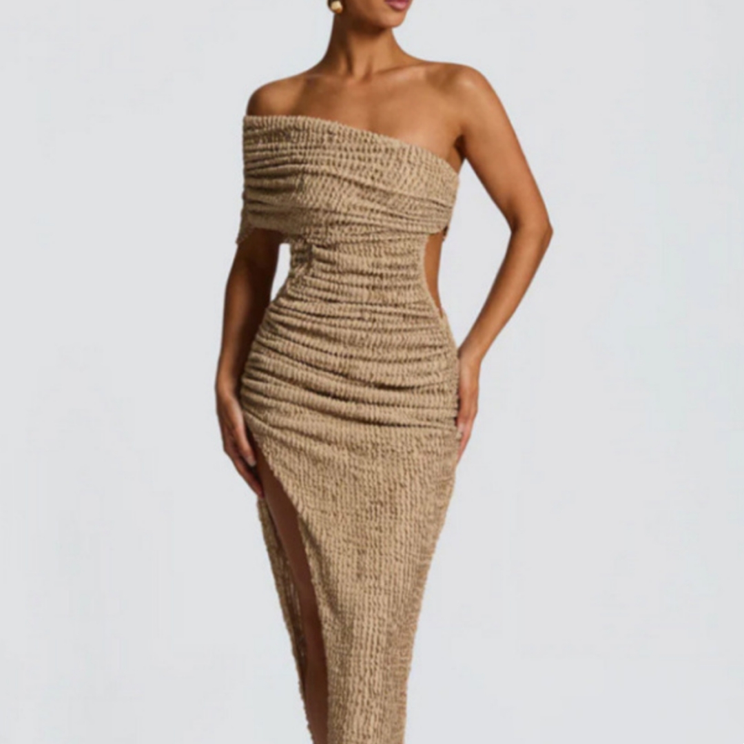 High-slit Textured Long Dress With A Cutout Design At The Waist product image