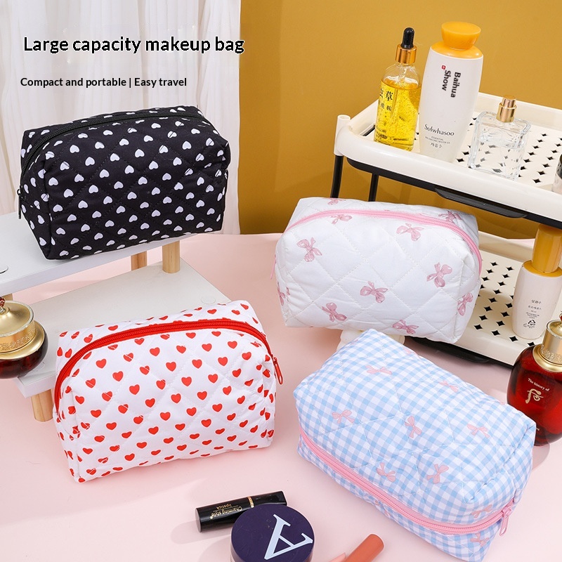 Embroidered Bow-Knot Plaid Cosmetic Fresh And Chic Toiletry Pouch Storage Bag Portable Makeup Case