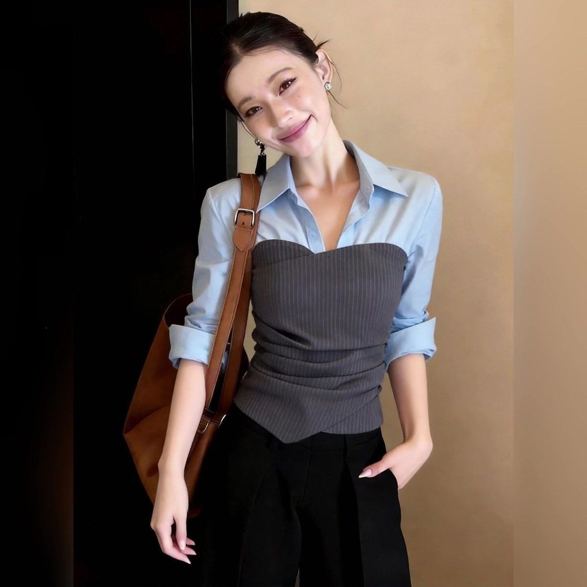 Light-luxury Faux Two-piece Spliced Blouse For Women product image