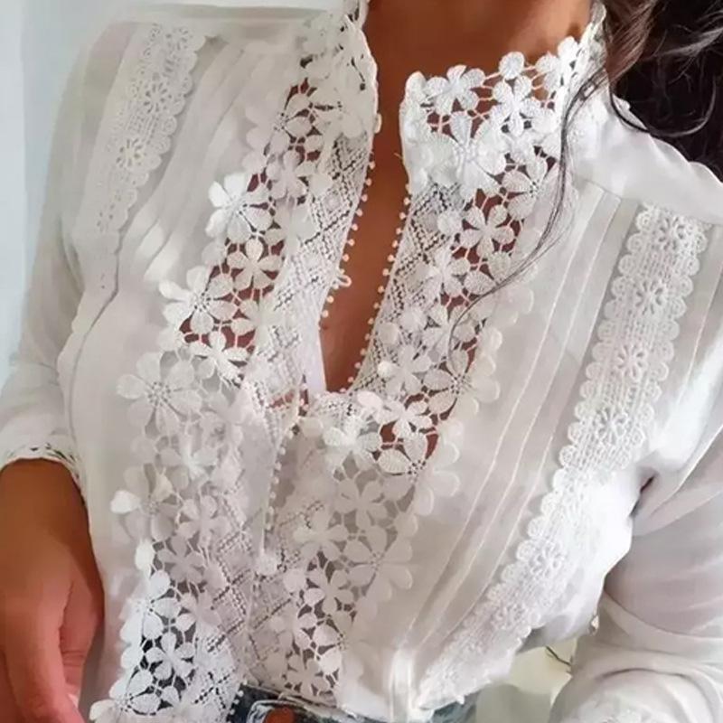 White Lace Floral Stitching Long-sleeved Shirt product image