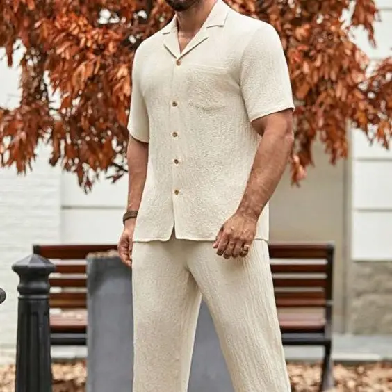 Male Solid Color Button Striped Shirt Sleeve