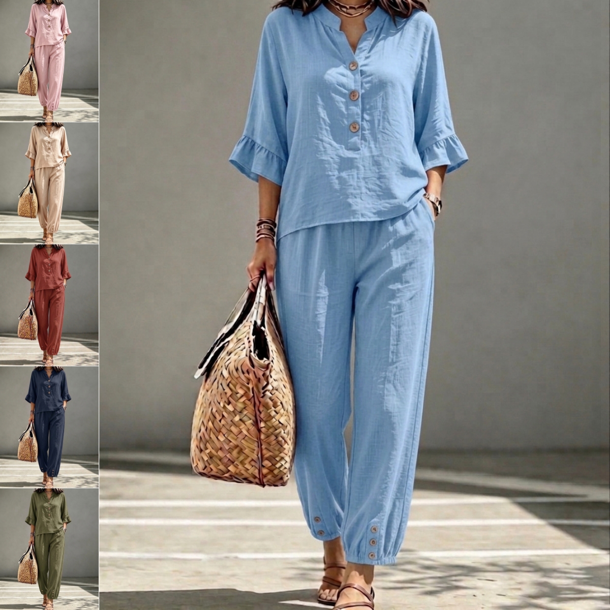 2pcs Set Women's Casual V-neck Collar Button Top Three-quarter-sleeve Top And Cropped Wide Leg Trousers Set Retro Female Office Suit