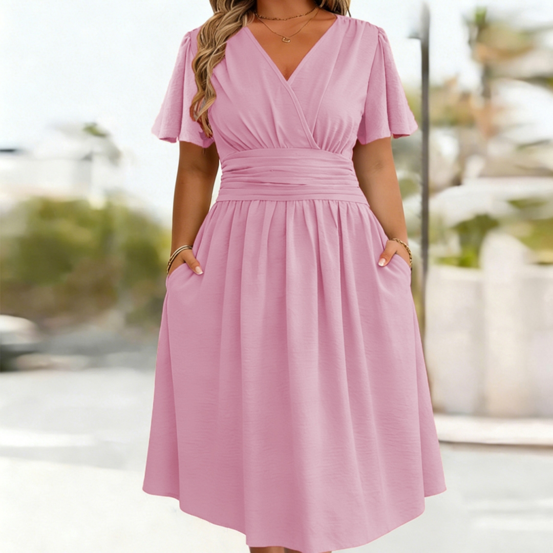 Womens V-neck Waist-cinched Flared-sleeve Fashion Dress