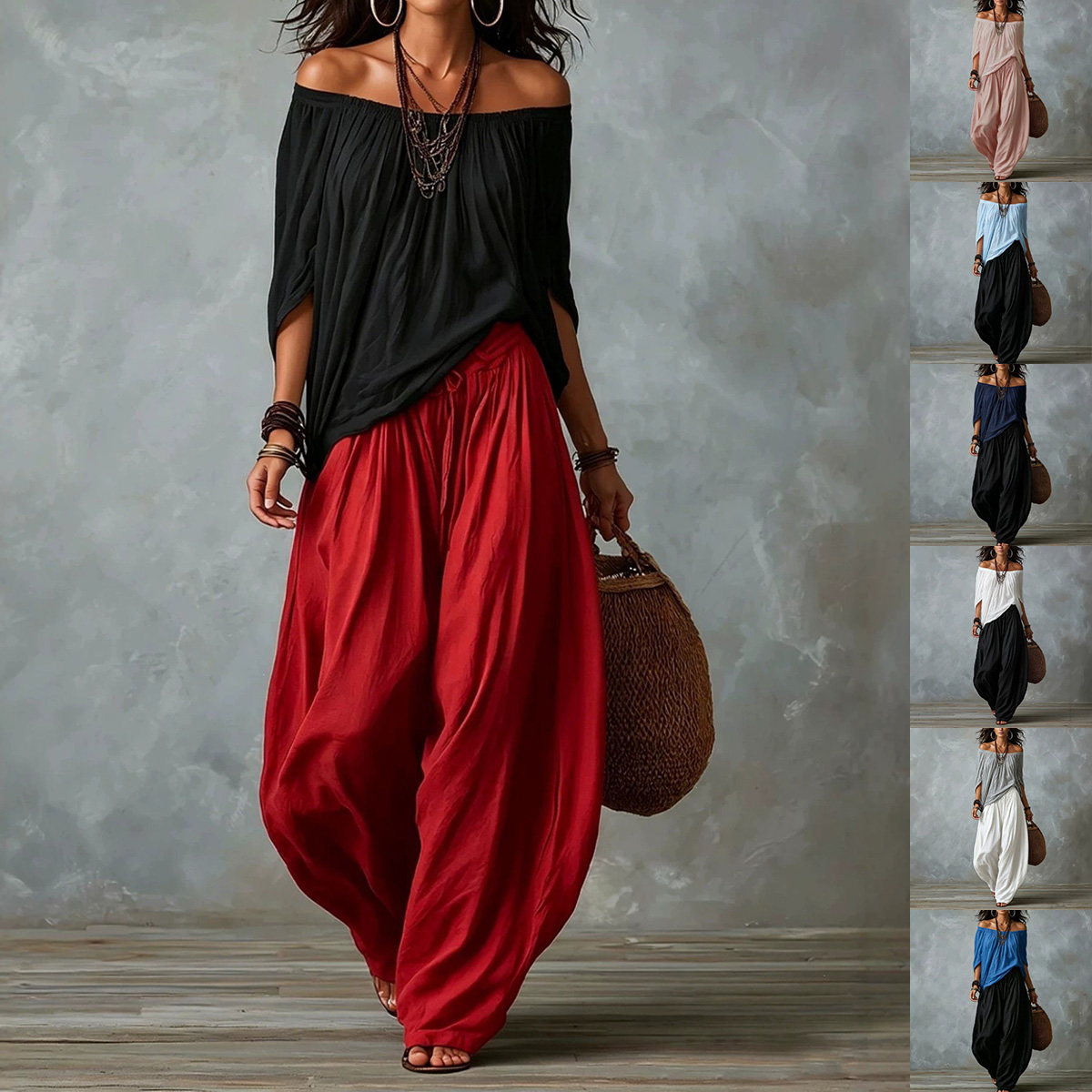 Women's Off-Shoulder Suit Long Sleeve Top And Flare Leg Pants Set - Loose Fit Casual Two Piece Outfit