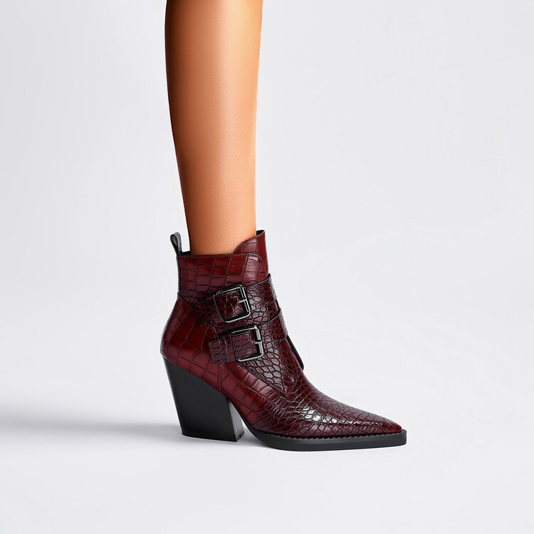 Retro Pointed-toe Chunky-heeled Leather Buckle Ankle Boots