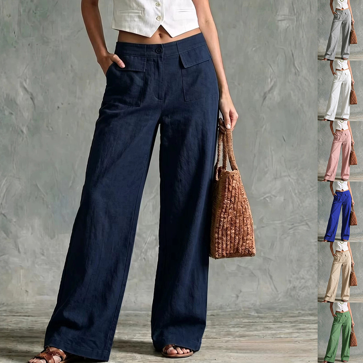 Women's Solid Color Loose Fit Casual Pants - Elastic Waist Trousers for Daily Wear