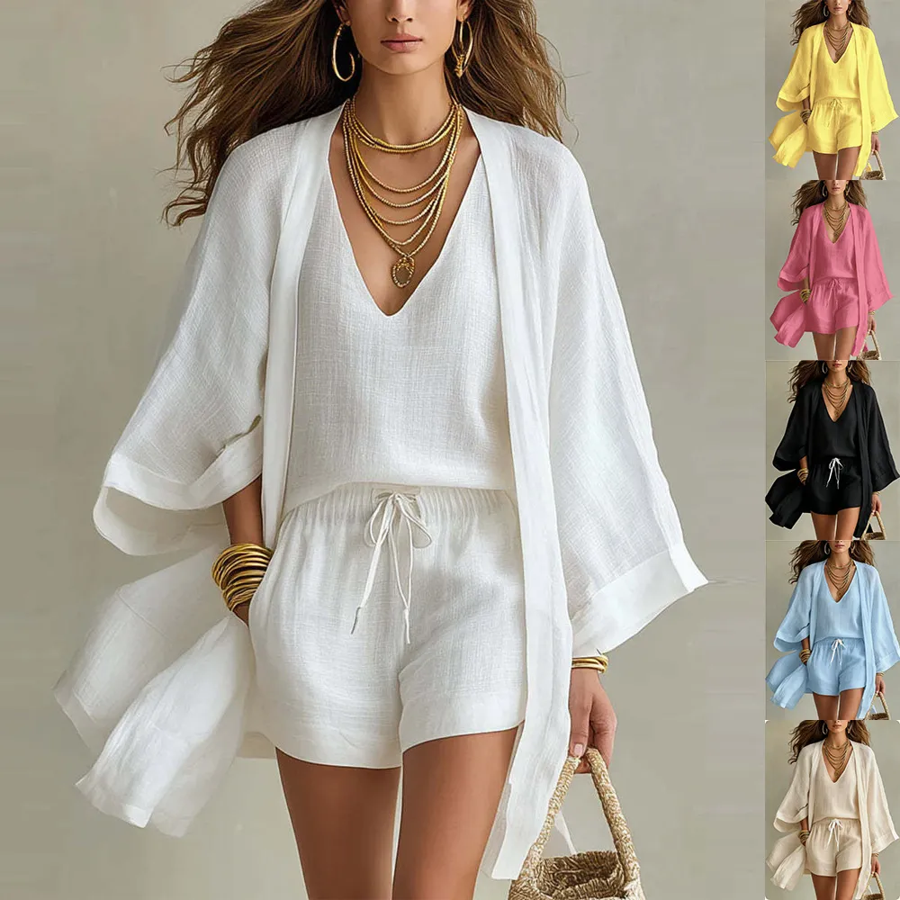 3pcs Suits Mid-length Cardigan Sleeveless Vest And Shorts Set Women's Casual Three-piece Outfit For Daily Wear
