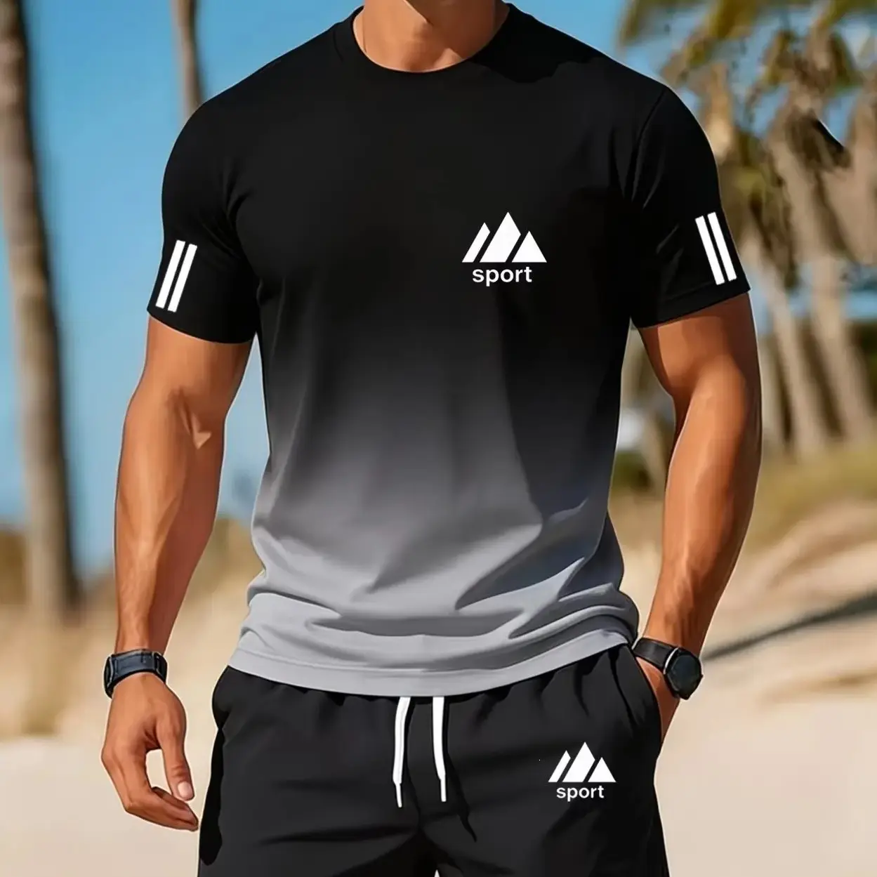 Breathable Casual Sportswear Set Mens Crew Neck