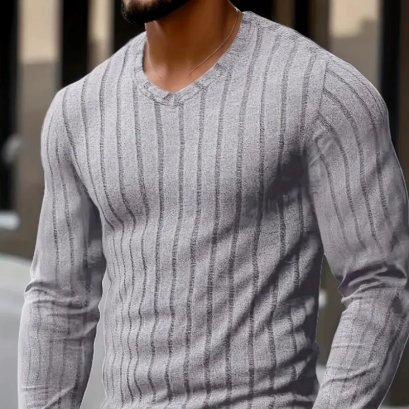 Mens Vertical Ribbed V-neck Long-sleeve Knit Sweater