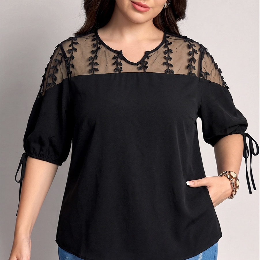 Womens Summer V-Neck Lace-Patch Top