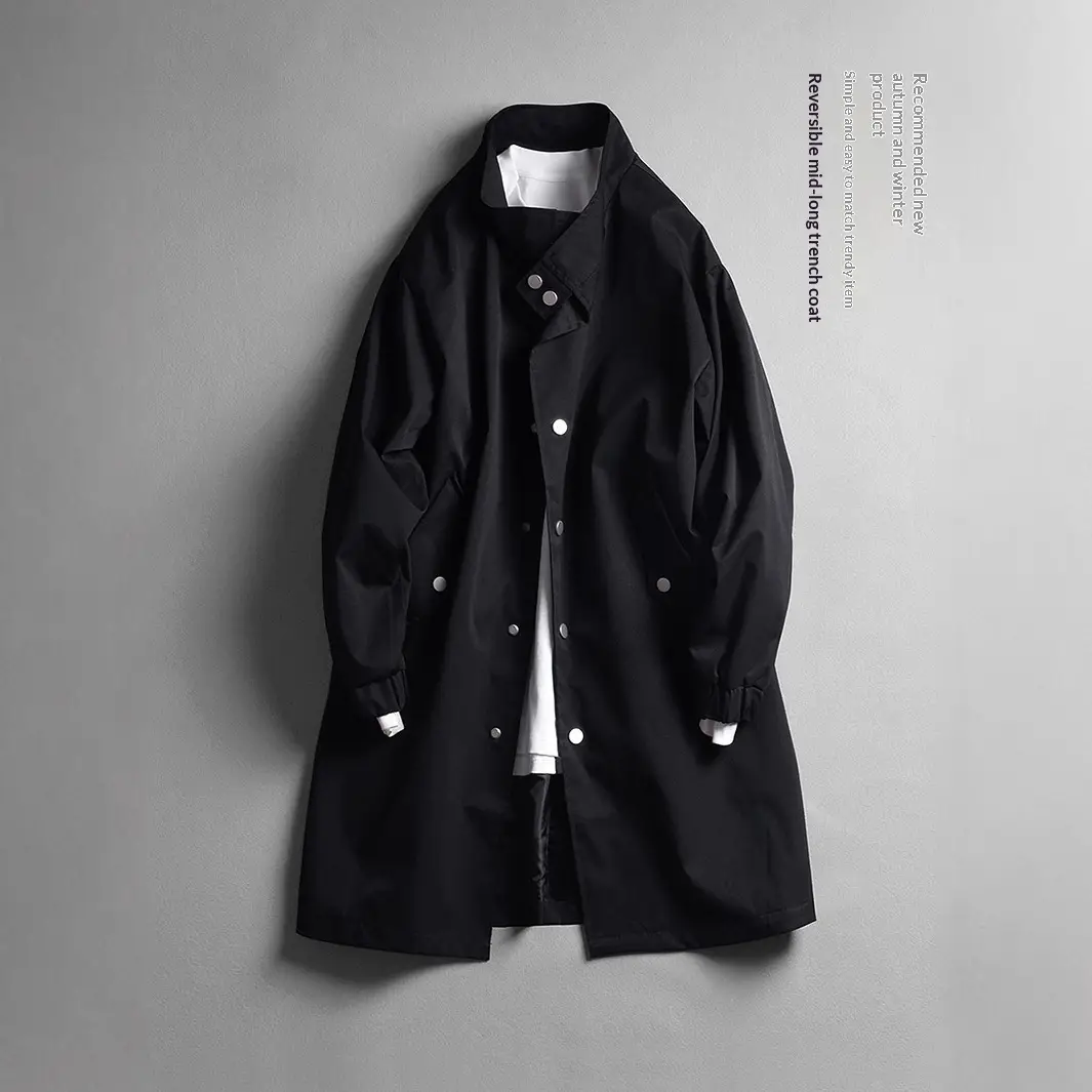 Mens Stand-Neck Single-Breasted Trench Coat Loose-Fit Casual Lapel Jacket