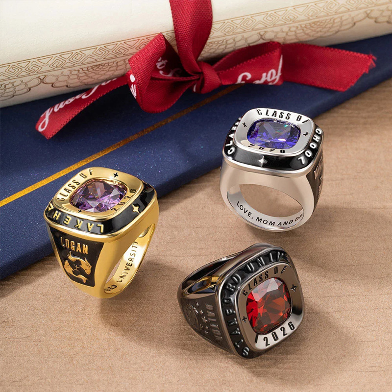 Engraved Design And Inscription Birthstone Commemorative Ring