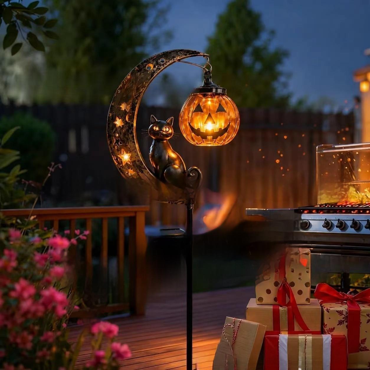 Black Cat Moon Ground Lamp Black Cat Pumpkin Moon Stake Light