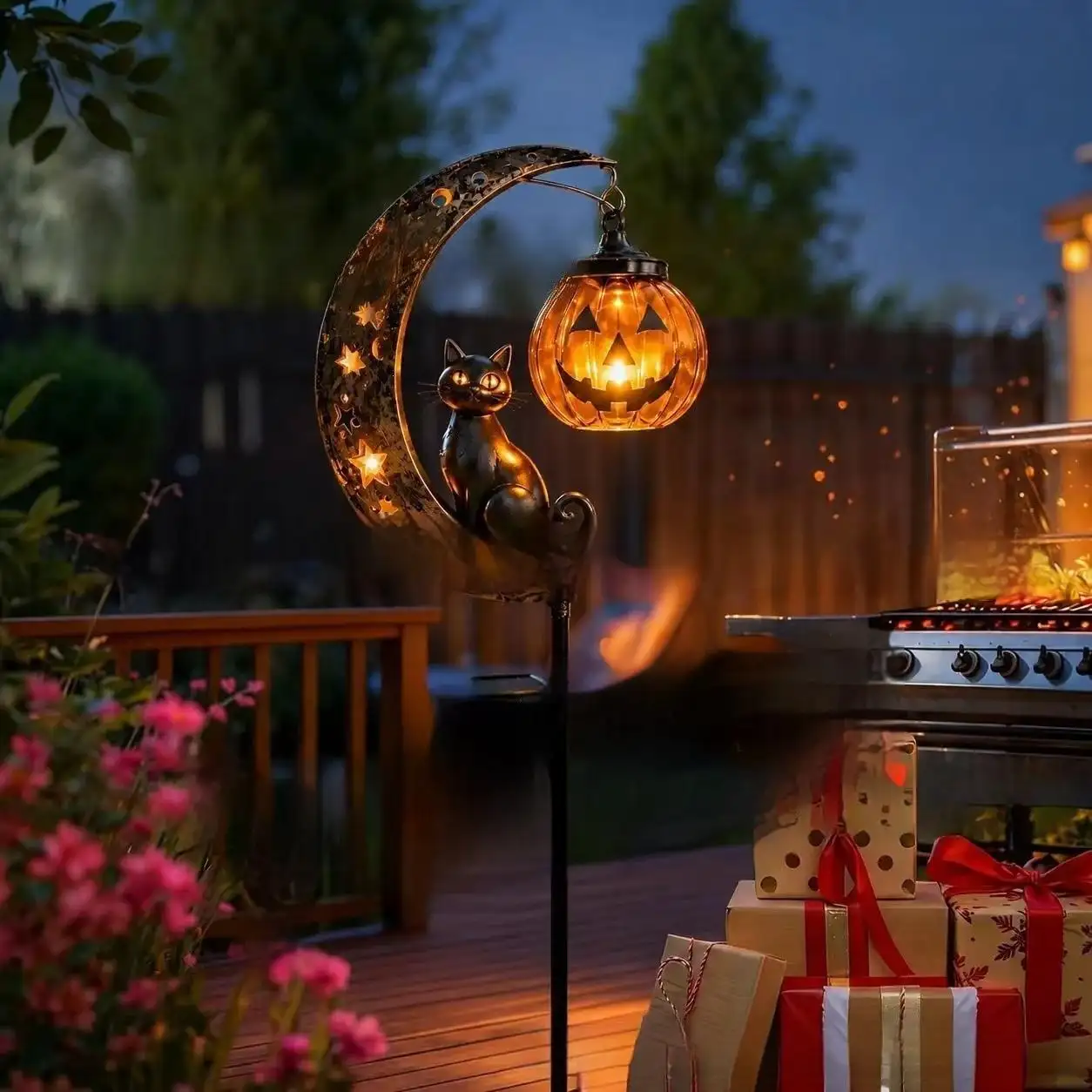 Black Cat Moon Ground Lamp Pumpkin Stake