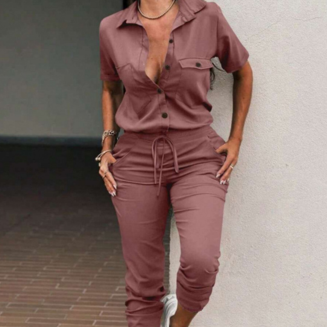 Solid-color Womens Short-sleeved Overalls With Front-button Placket