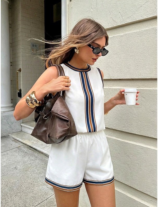 American Retro Color Stripe Set European And American Summer Round Neck Sleeveless Vest High Waist Shorts Casual Two-piece Set