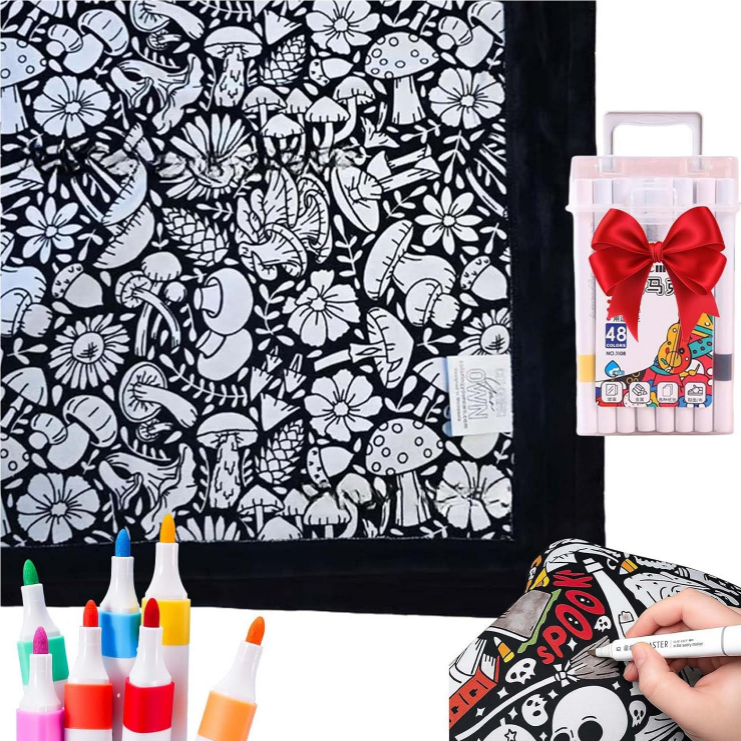 DIY Coloring Blanket With Markers Creative Personalization Halloween Pattern Blanket Stress Relief Unique Paint Art Decor Gift