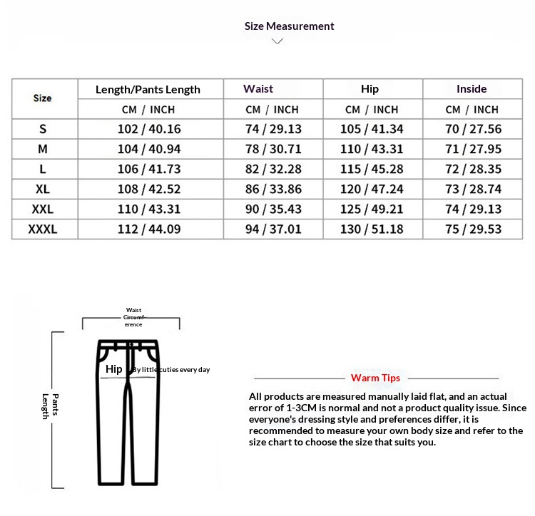 Size chart for Solid Colour Casual Drawstring Trousers