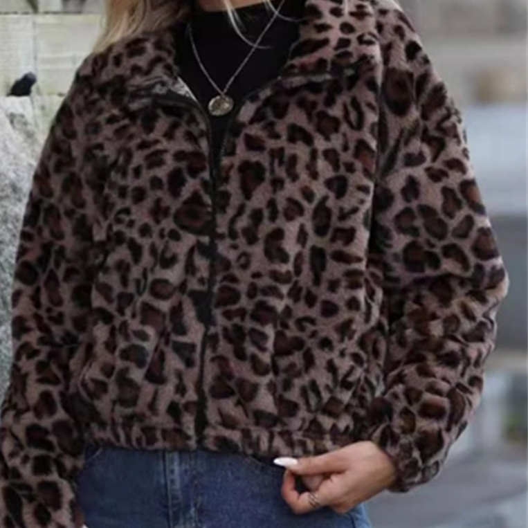 Women's Autumn And Winter Loose Long-sleeve Zipper Leopard Print Plush Coat