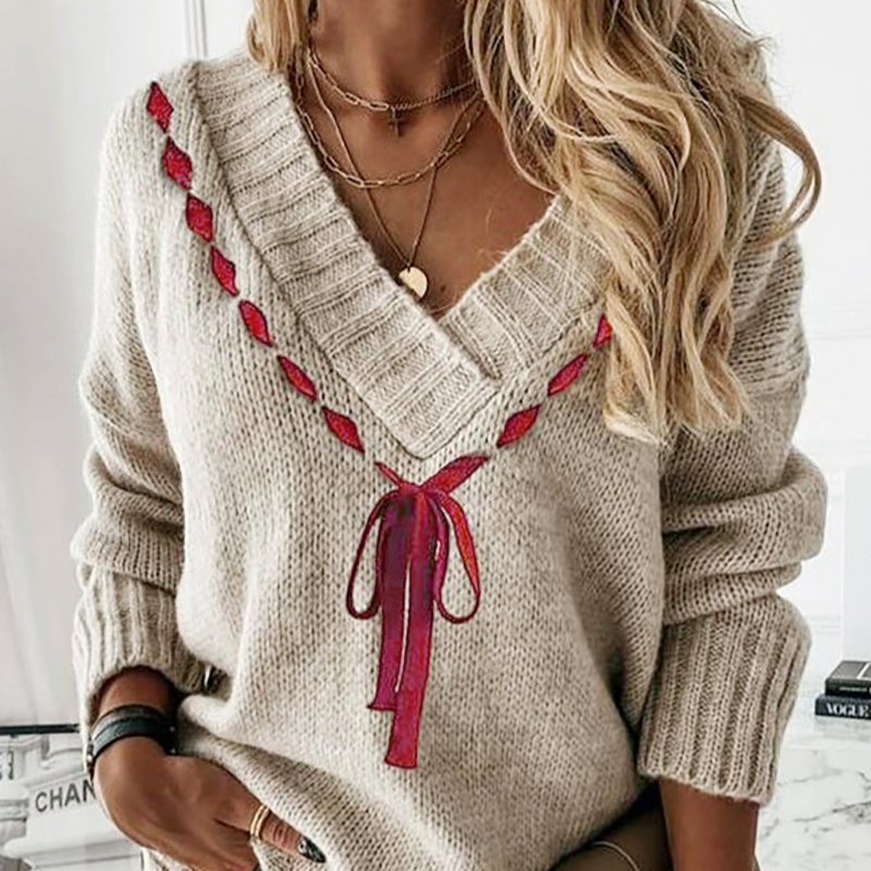 V-neck Ribbon Pullover Sweater For Women
