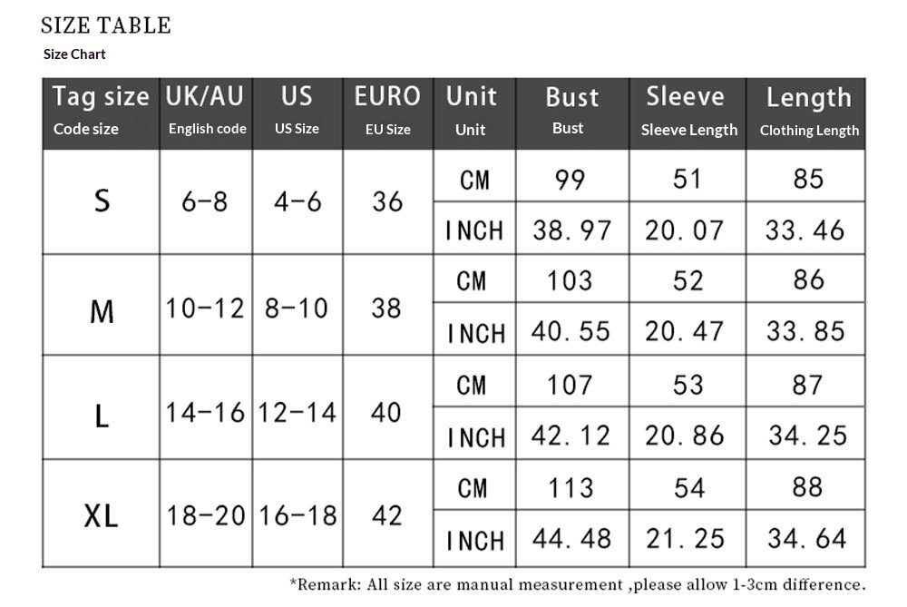 Color-block knit cardigan coat size chart — S M L XL measurements