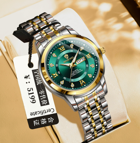 Binbang Business Light-Luxury Quartz Watch For Men Golden Green Women's Style