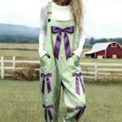 Womens Printed-Button Casual Suspender Pants