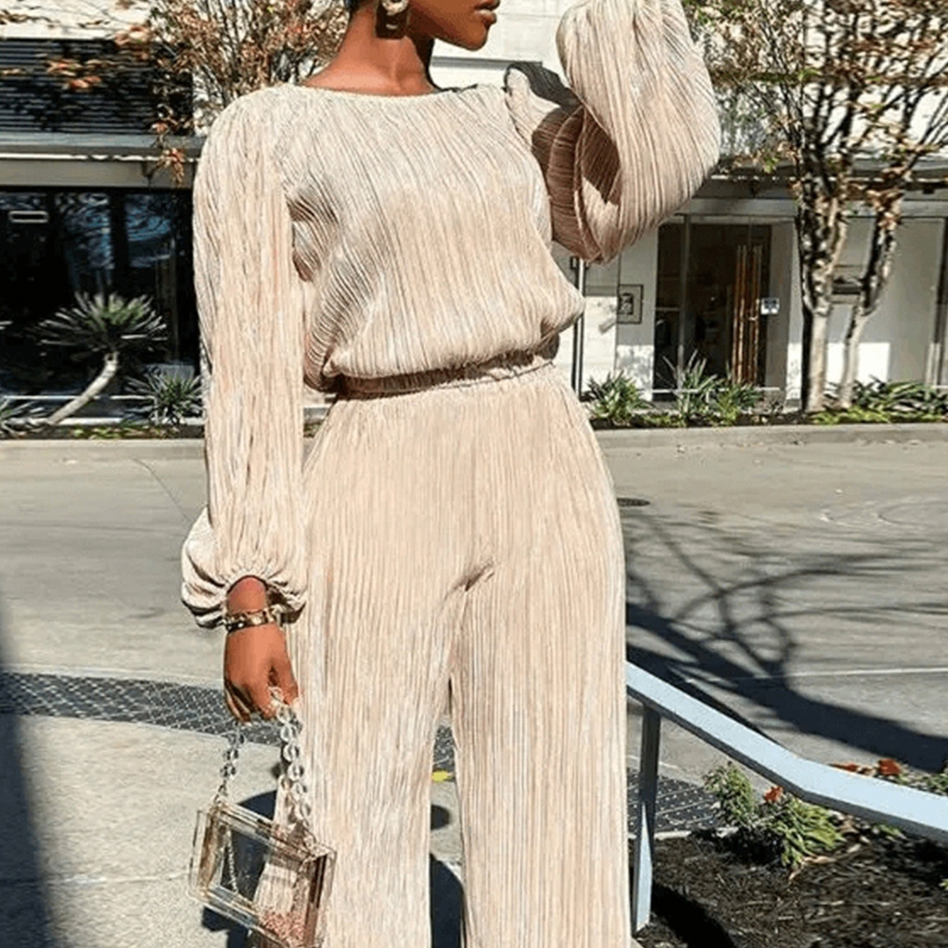 Fitted-waist Straight-leg Pants And Long-sleeve Loose Top Set