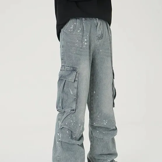 Mens Wide-leg Denim Washed Work Pants