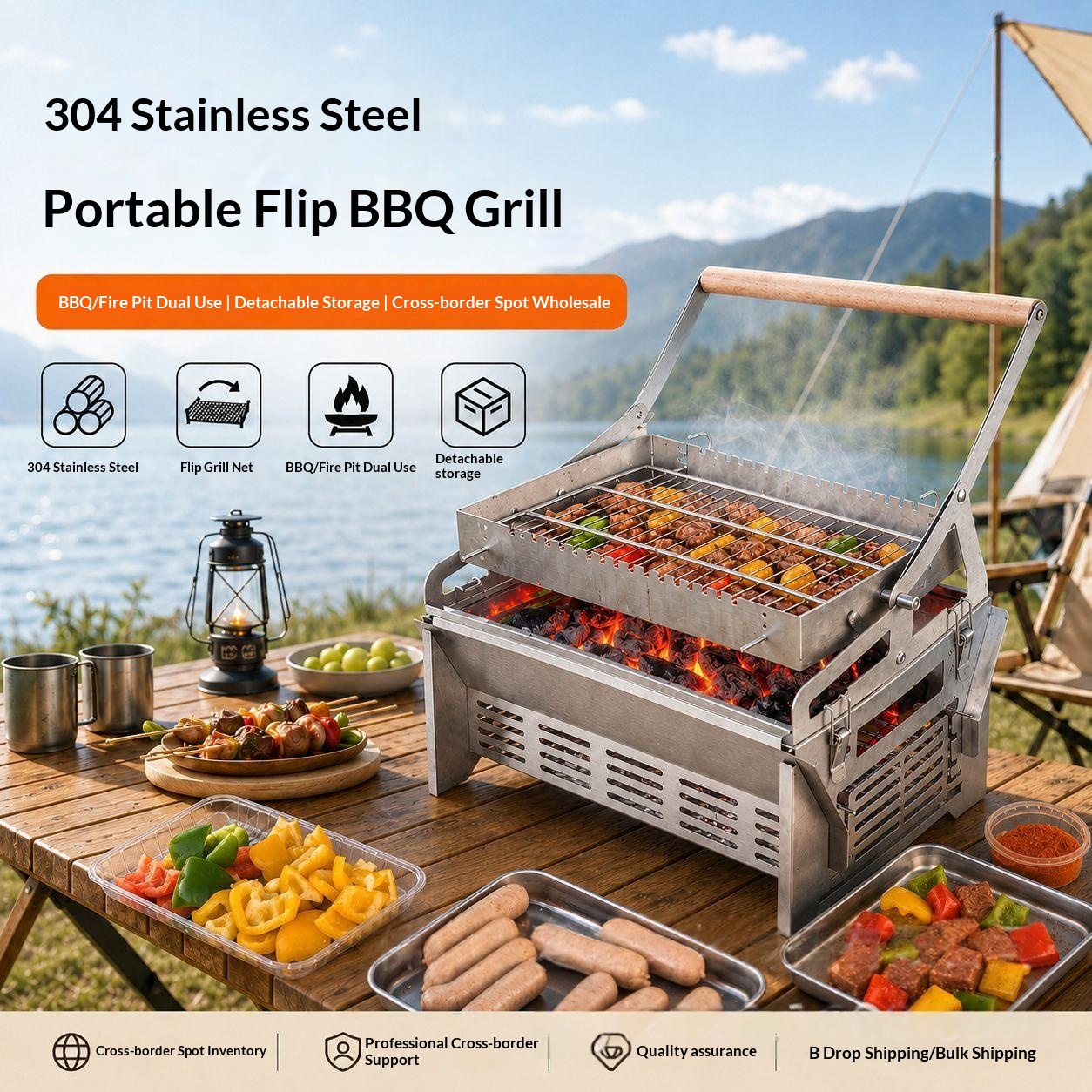 304 Stainless Steel Portable Flip-Over Barbecue Grill And Fire Basin Dual-Use