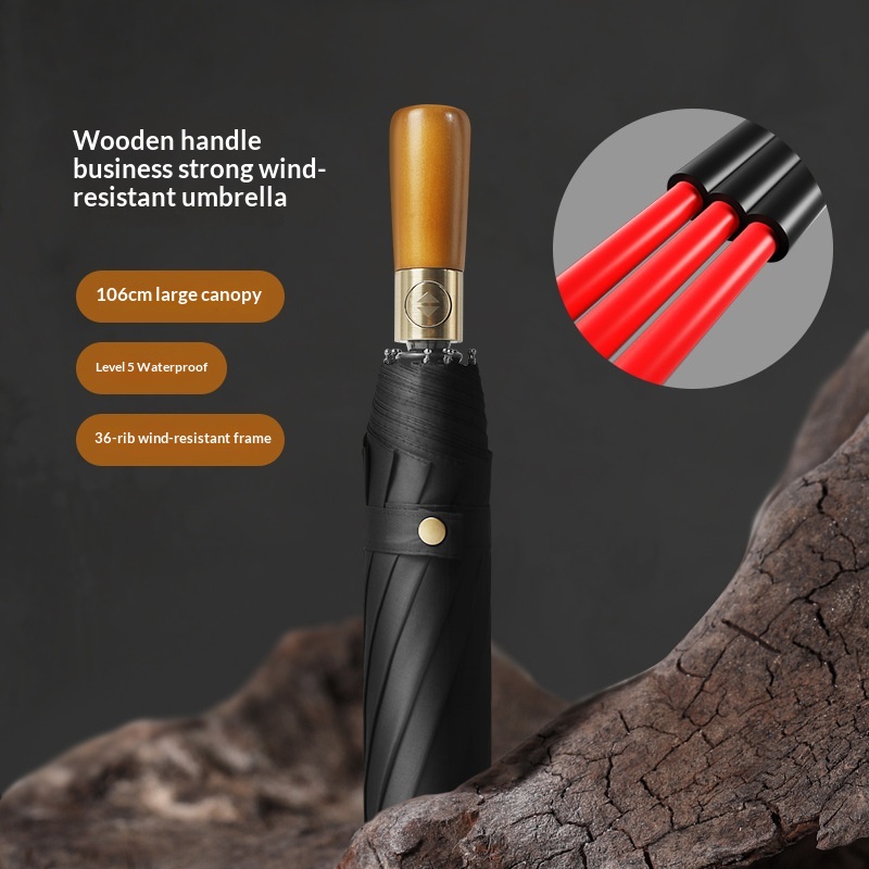 12rib Highend Business Woodenhandle Triplefolding Automatic Umbrella, Suitable For Both Sunny And Rainy Days