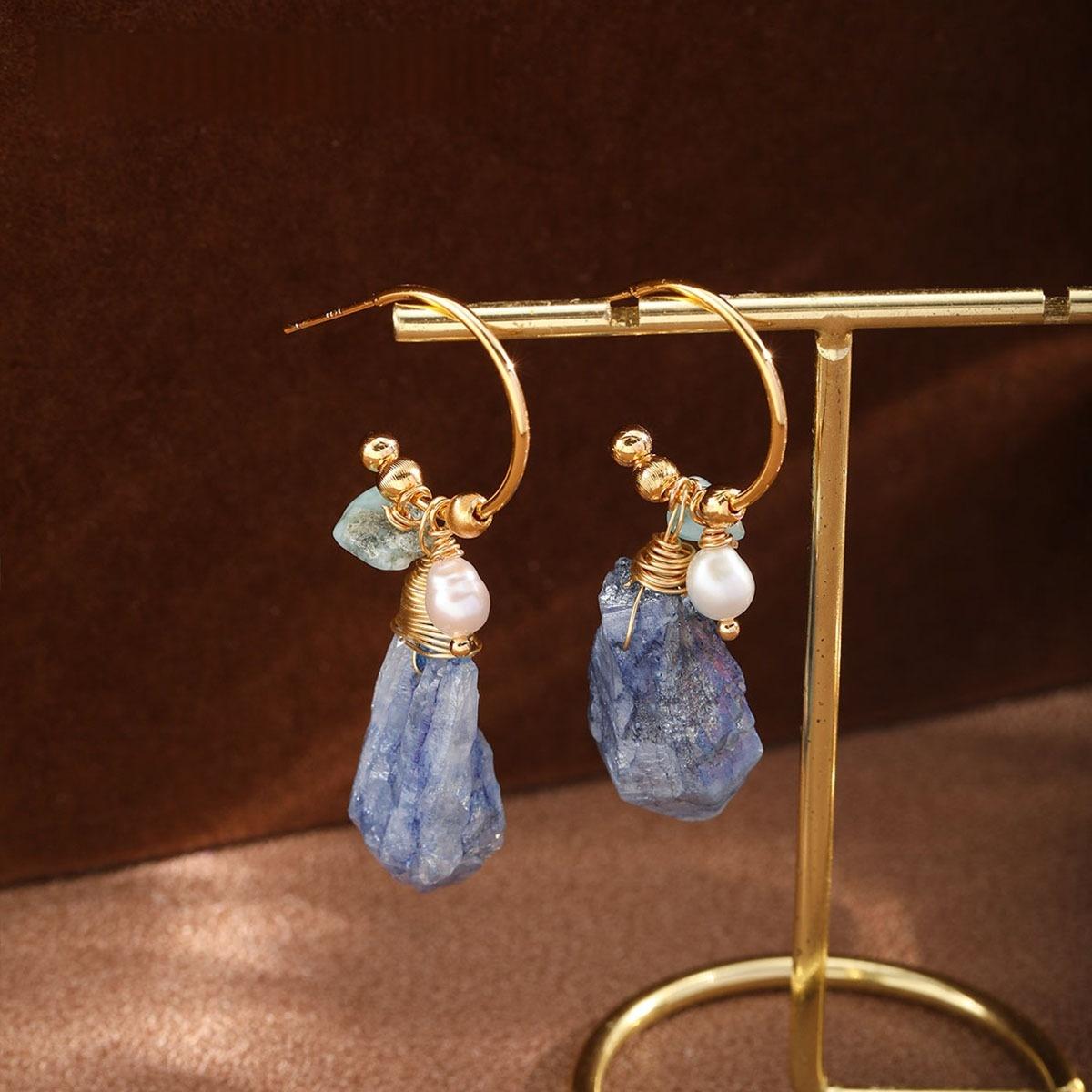Women Natural Kyanite Pearl Earrings