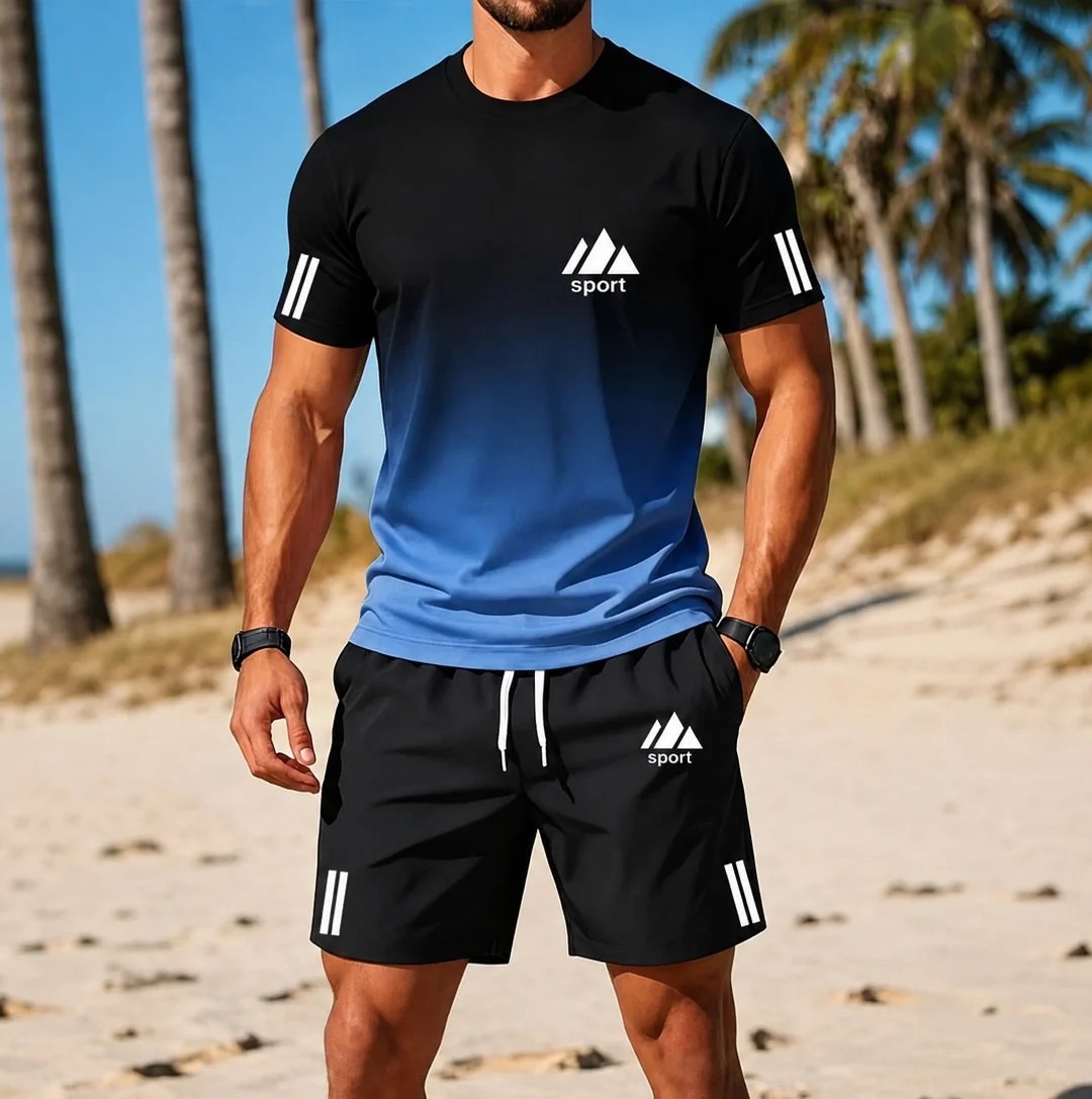 Breathable Casual Sportswear Set Mens Crew Neck