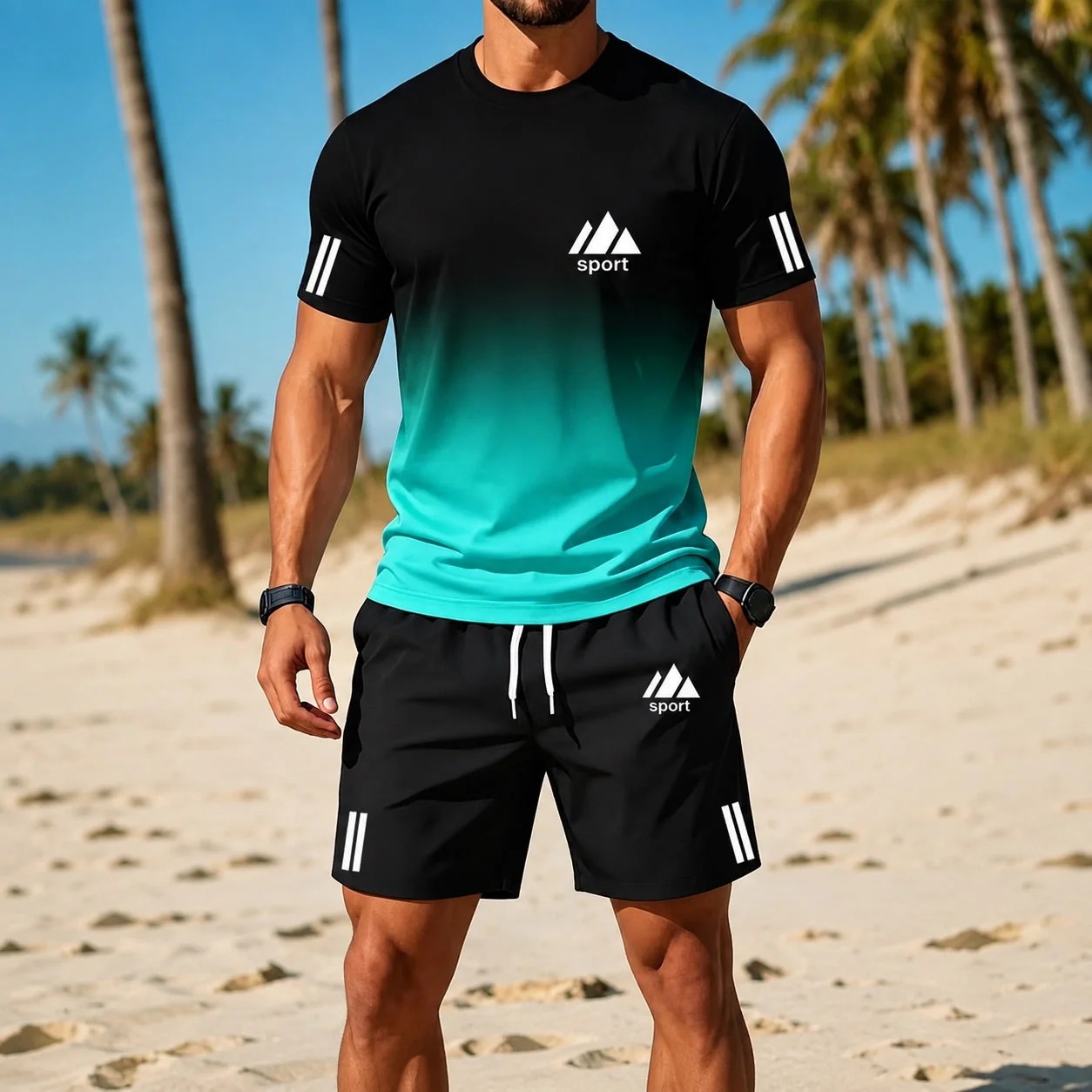 Breathable Casual Sportswear Set Mens Crew Neck