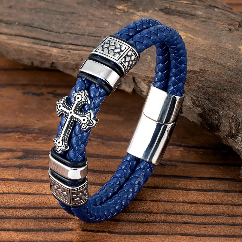 Titanium Steel Cross Leather Braided Bracelet