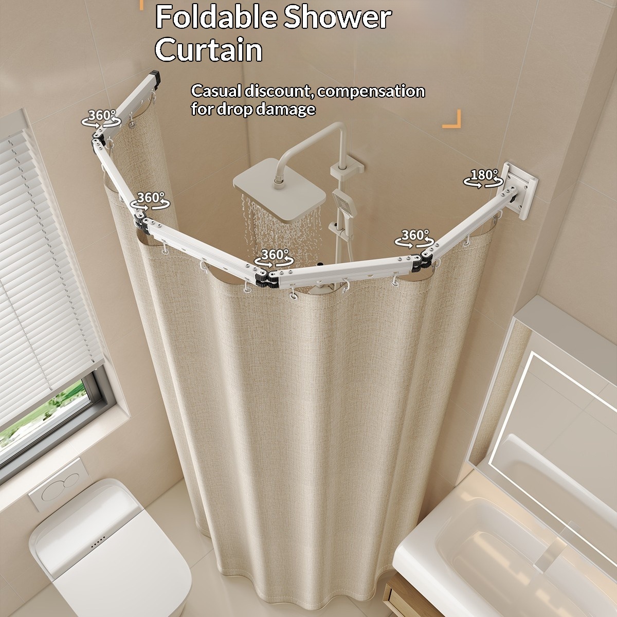 Foldable Curved Bathroom Punch-Free Dry-Wet Separation Partition Curtain