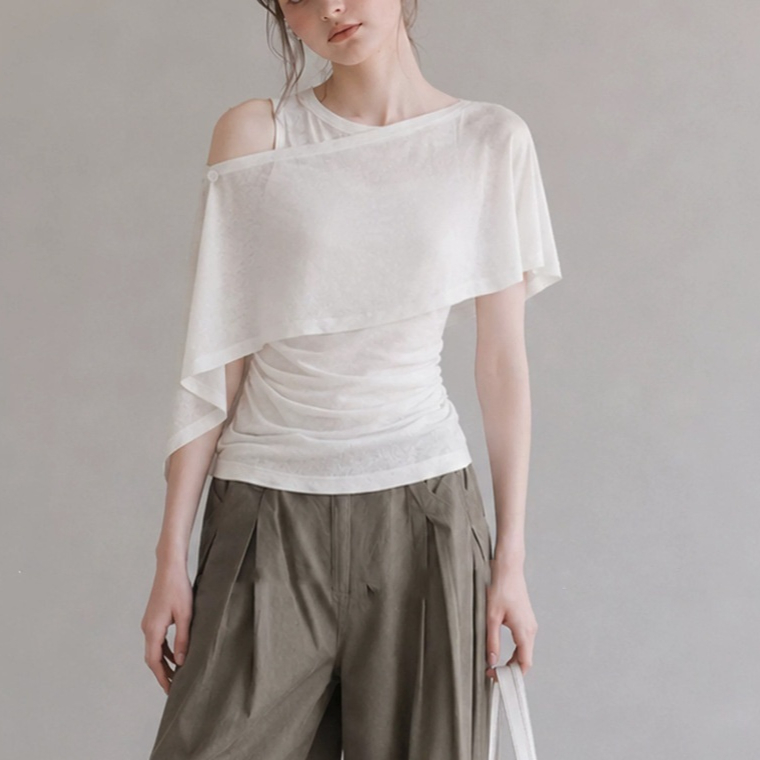 Off-Shoulder T-Shirt Womens Short-Sleeve Cape Layering Two-Piece Top