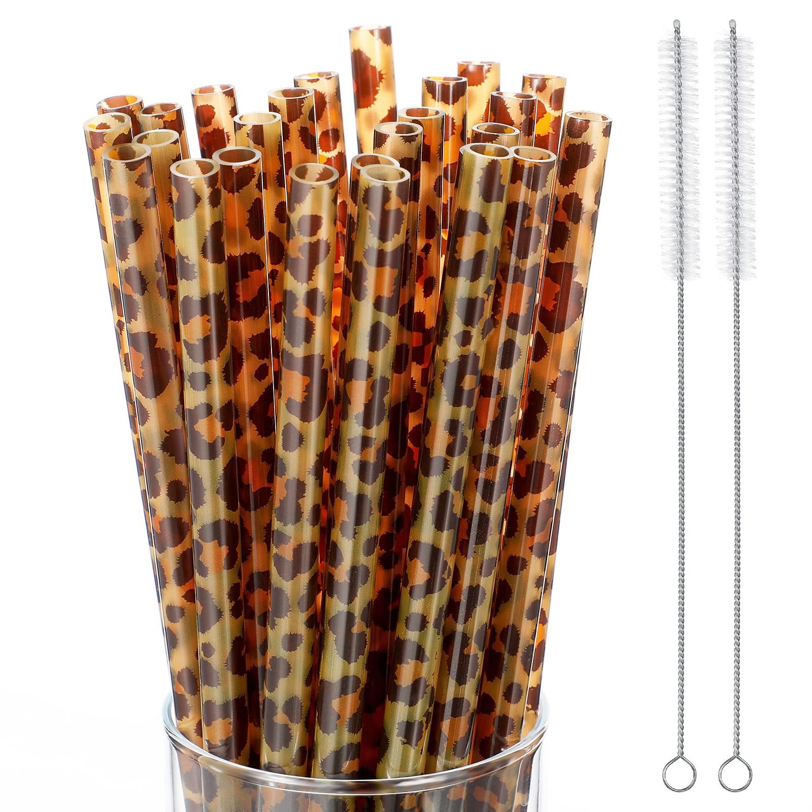Pailles en papier biodégradables pour boisson d’Halloween – imprimé léopard, 20 pailles et 2 brosses